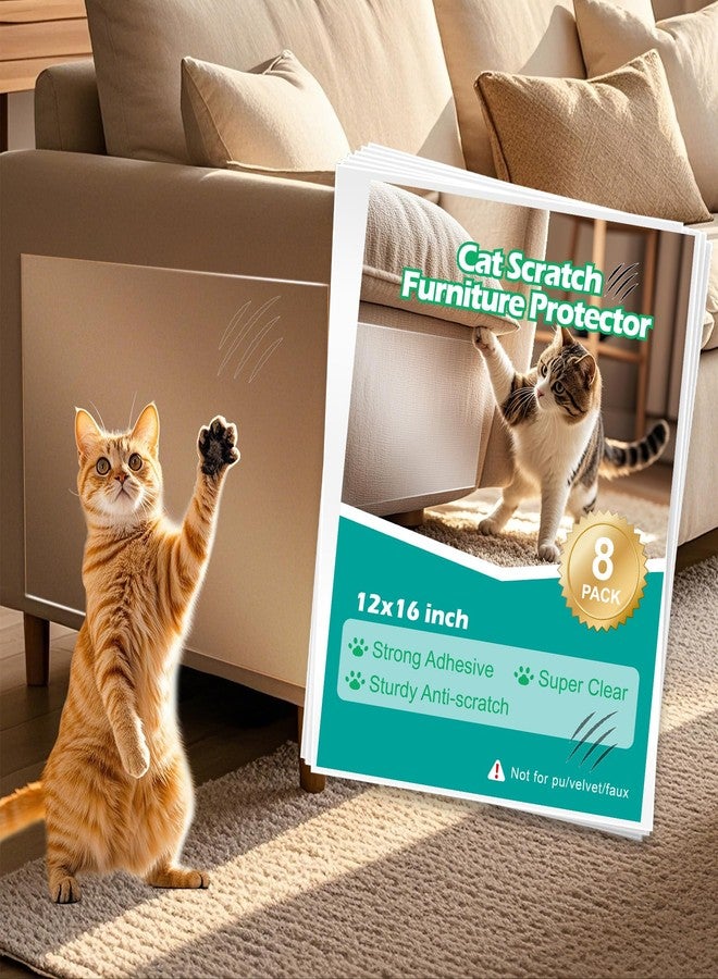 Wawiny Cat & Dog Scratch Protector 8-Pack (12"x16"/30x40cm) - Clear Self-Adhesive Furniture Tape, Cut to Fit, No Residue Removable Couch Guard for Sofa Door Walls - Image 1